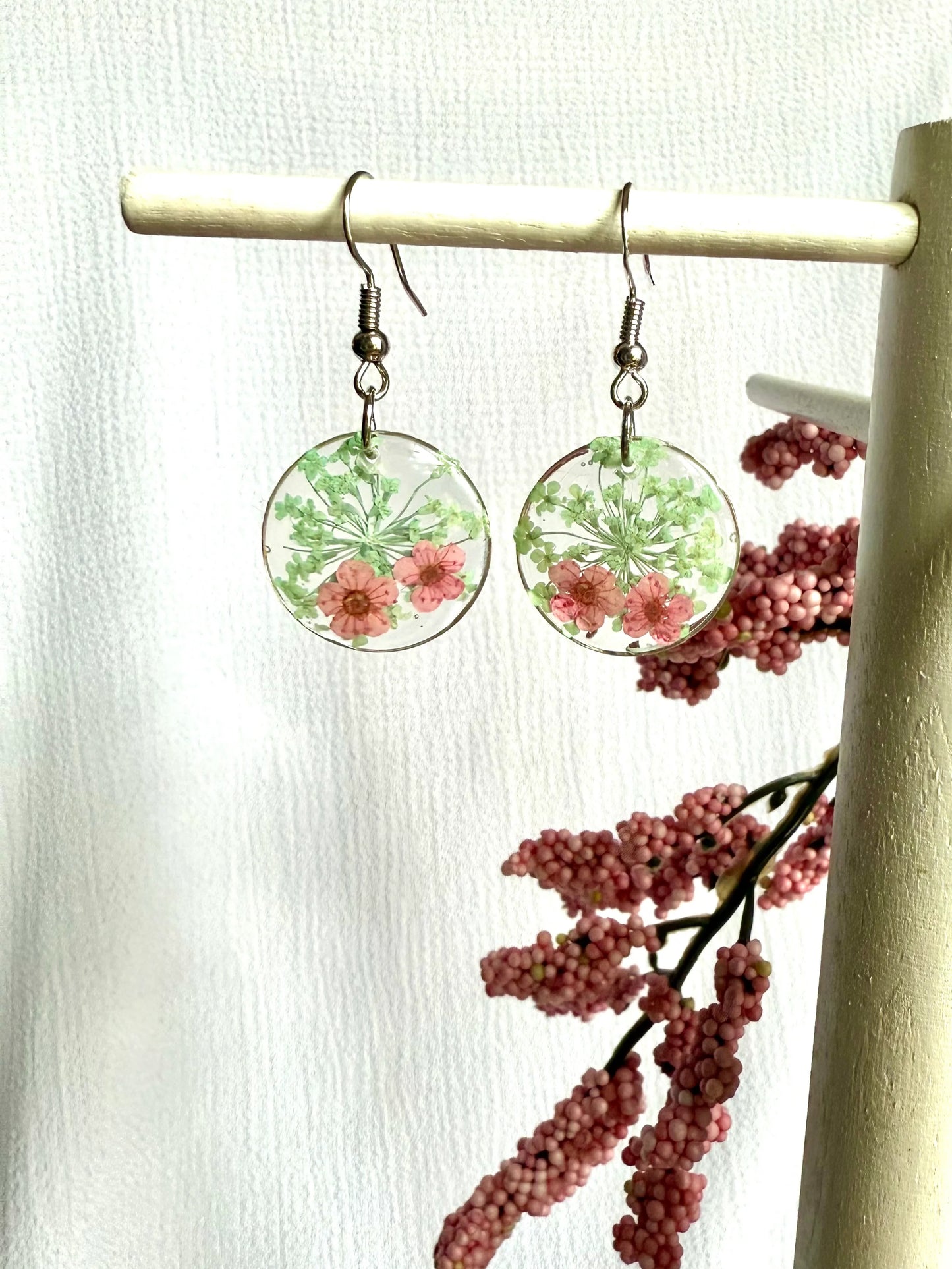 Resin Art Earrings Made With Real Pink Forget me Nots. With 925 Sterling Silver Plated Hooks
