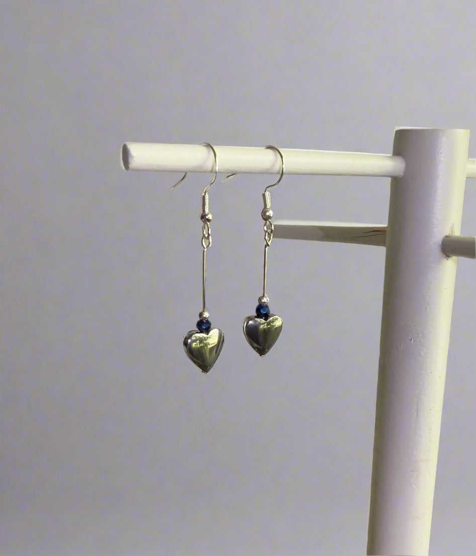 Silver Heart with Blue Bead Dangle Earrings. With 925 Sterling Silver Plated Hooks