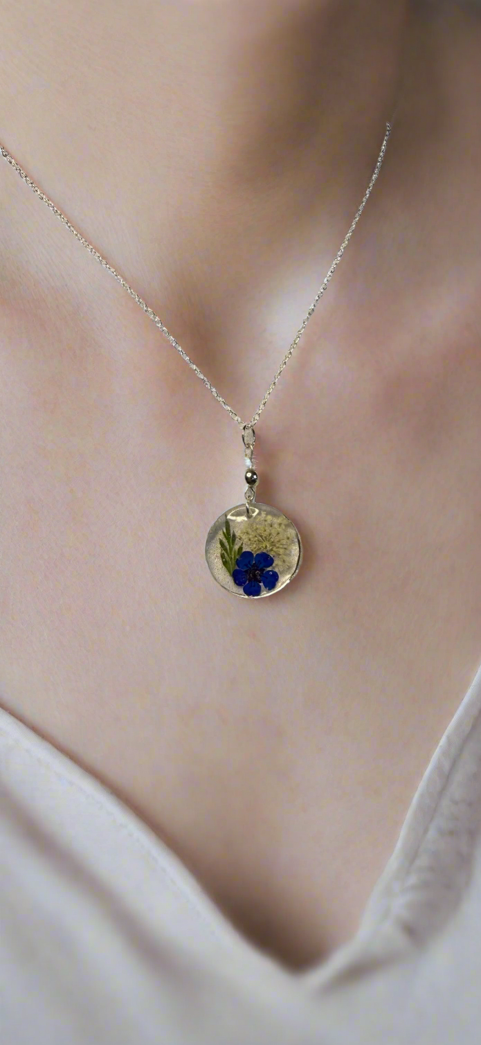 Resin Art Silver Necklace Made with Real Flowers.