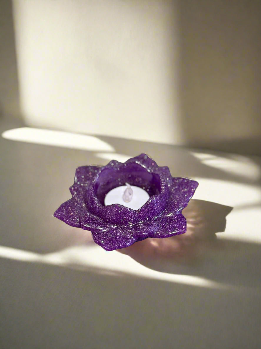 Resin Art Purple Sparkle Votive Candle Holder With A Votive LED Tea Light That Flickers Like A Flame.
