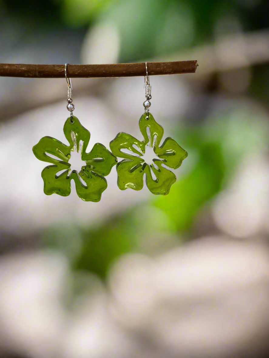 Green Resin Art Tropical Flower Dangle Earrings. With 925 Sterling Silver Plated Hooks