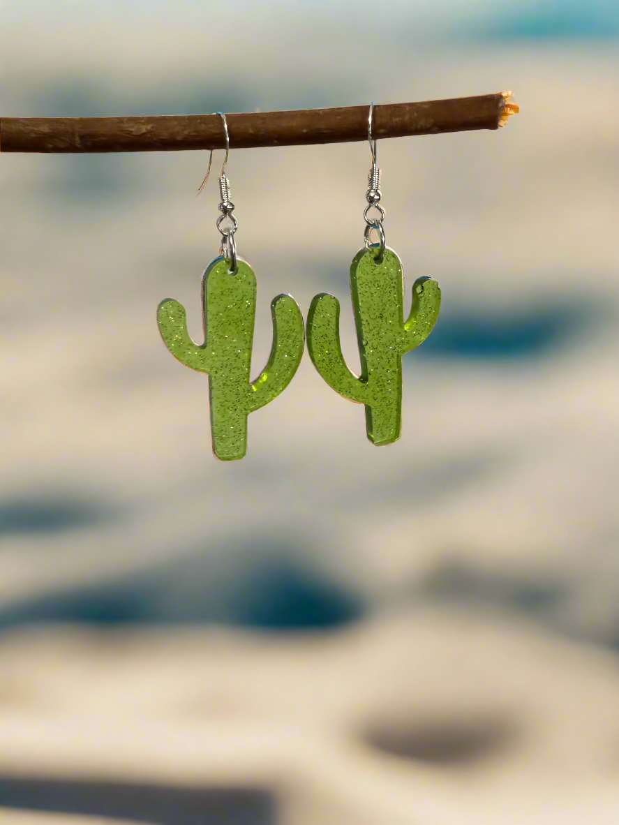 Green Cactus Resin Art Dangle Earrings. With 925 Sterling Silver Plated Hooks
