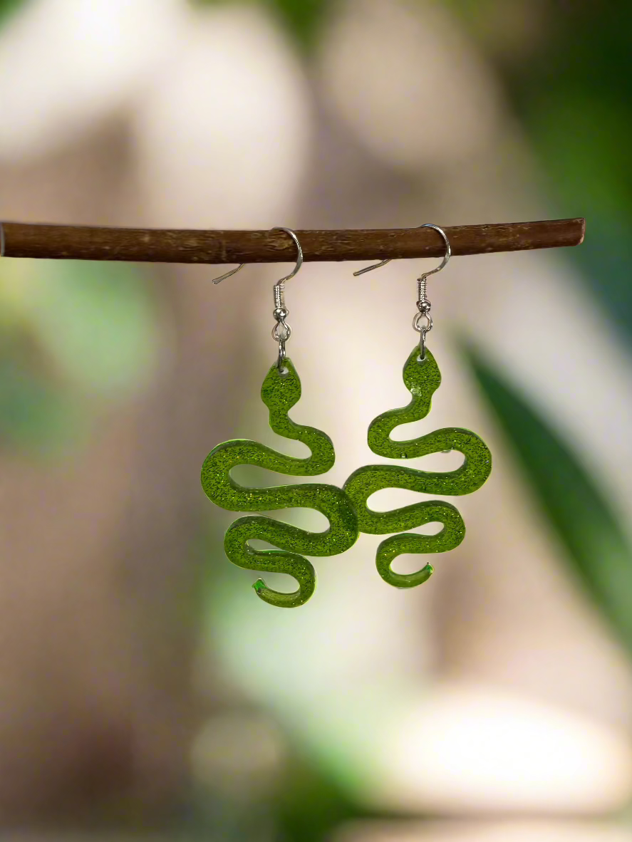 Green Snake Resin Art Dangle Earrings. With 925 Sterling Silver Plated Hooks