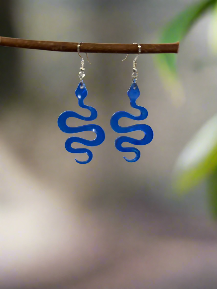 Blue Snake Resin Art Dangle Earrings. With 925 Sterling Silver Plated Hooks