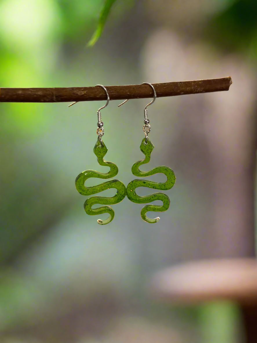 Green Snake Resin Art Dangle Earrings.With 925 Sterling Silver Plated Hooks