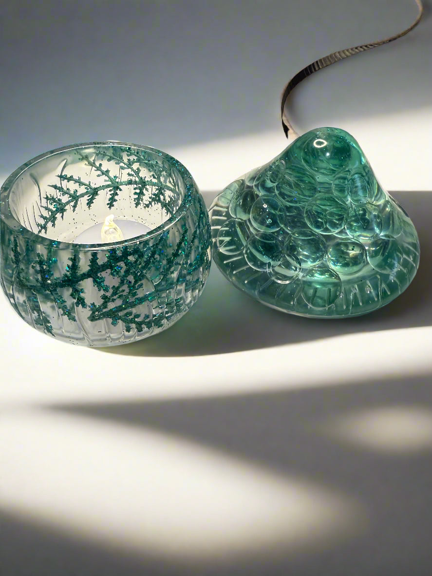 Green Resin Art Mushroom LED Votive Candle Holder. LED Votive Included