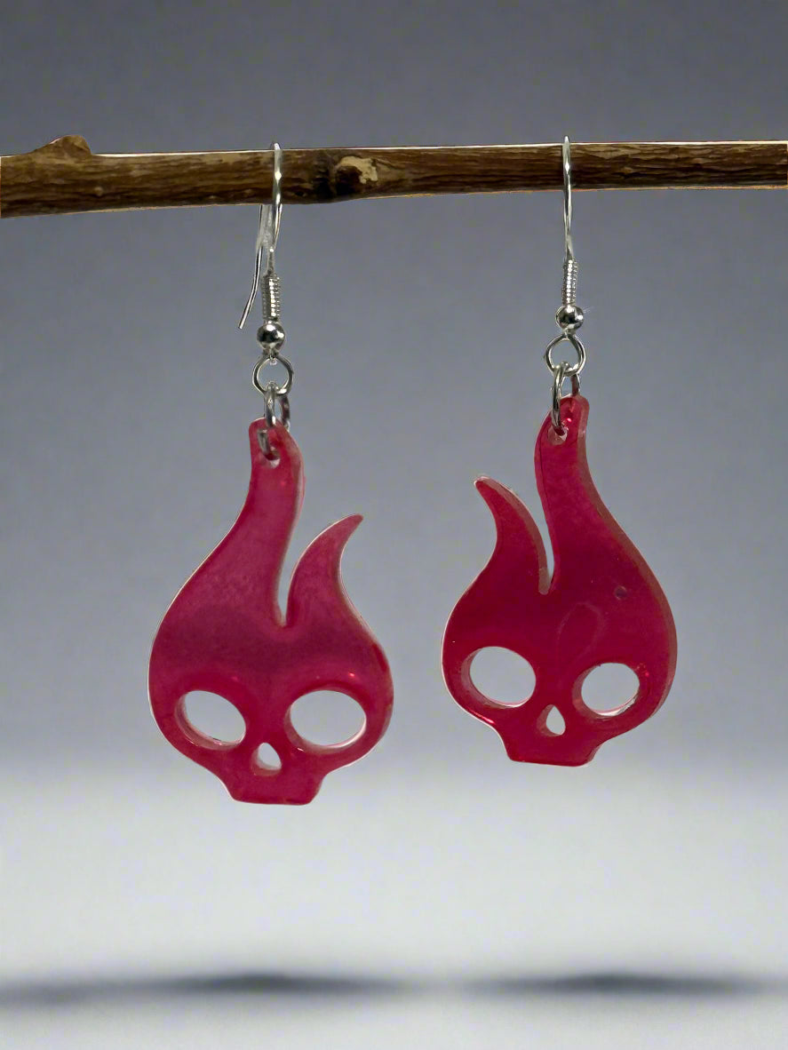 Red Flame Resin Art Dangle Earrings. With 925 Sterling Silver Plated Hooks