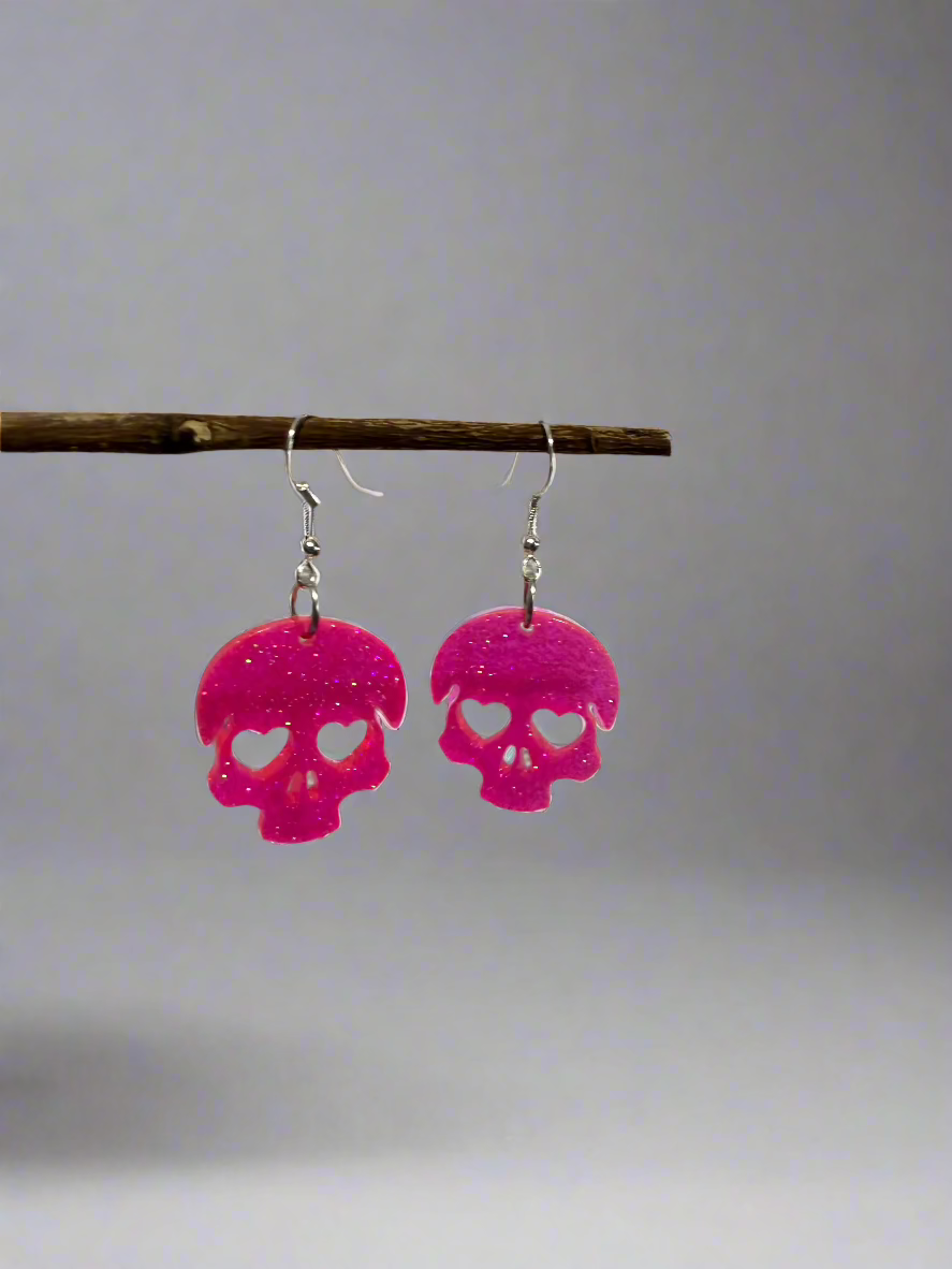 Pink Skull Resin Art Dangle Earrings. With 925 Sterling Silver Plated Hooks