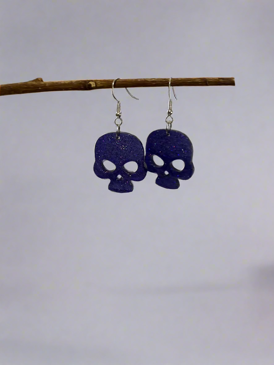 Purple Skull Resin Art Dangle Earrings. With 925 Sterling Silver Plated Hooks