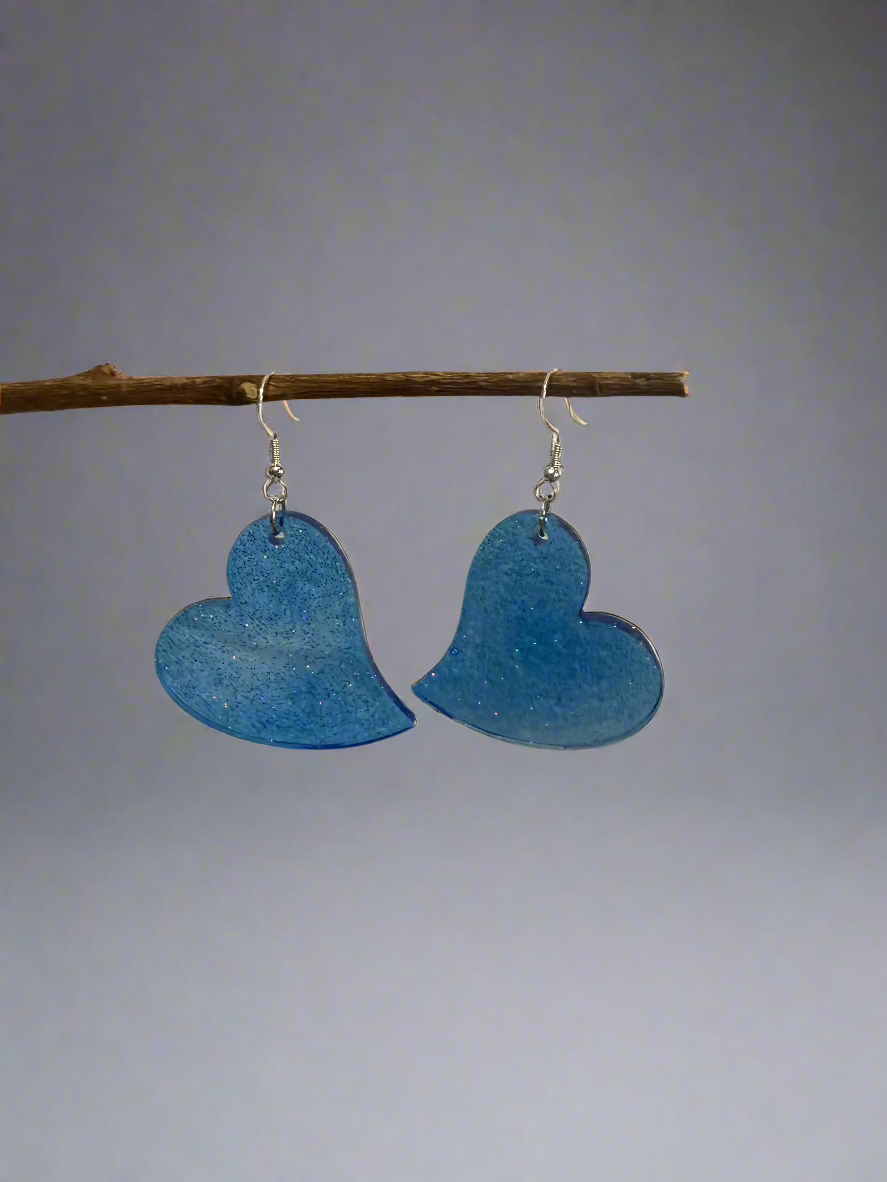 Blue Sparkle Heart Resin Art Dangle Earrings. With 925 Sterling Silver Plated Hooks
