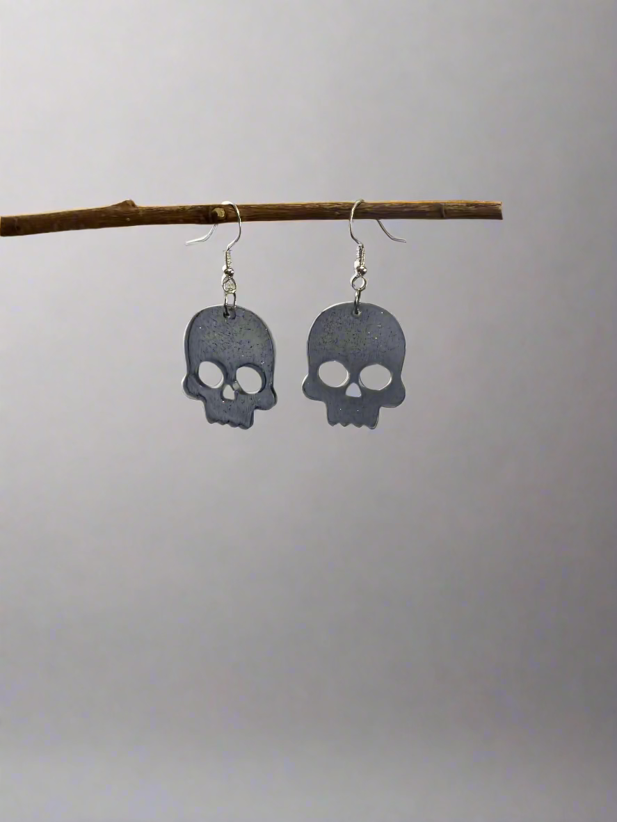 Black Skull Resin Art Dangle Earrings. With 925 Sterling Silver Plated Hooks