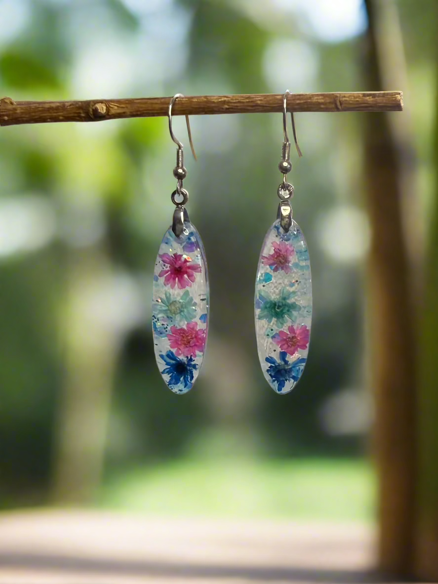 Blue Resin Art Dangle Earrings Made With real Flowers. With 925 Sterling Silver Plated Hooks
