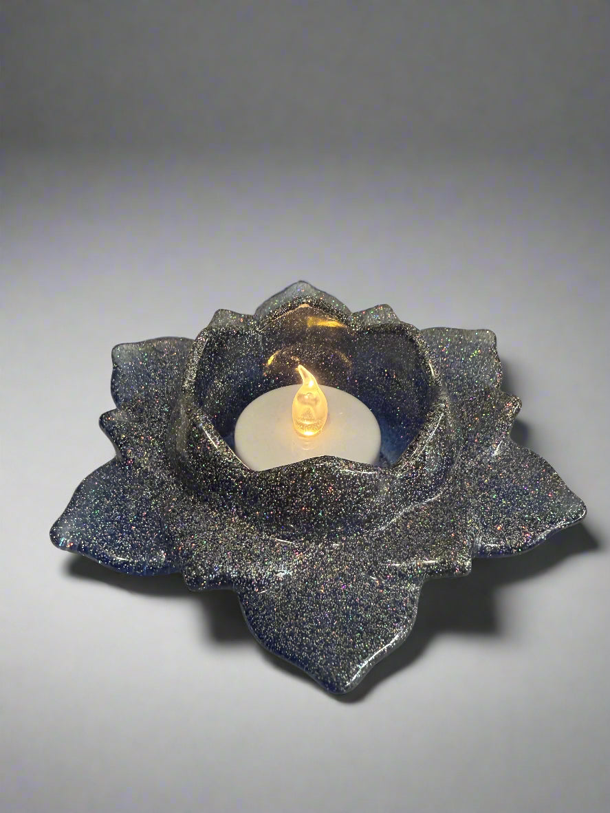 Resin Art Grayish Blue Rainbow Sparkle Votive Candle Holder The candle comes with a votive LED tea light that flickers like a flame.