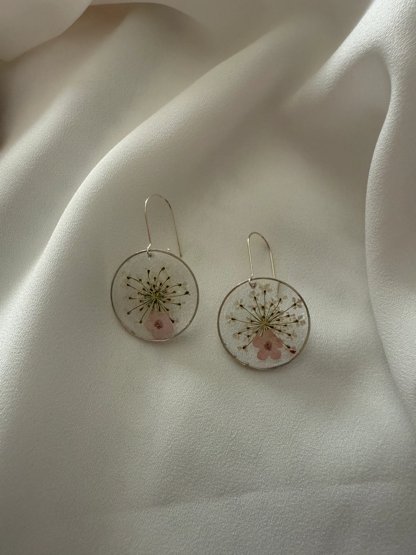 Resin Art Earrings Made With Real Pink Forget me Nots. With 925 Sterling Silver Plated Hooks