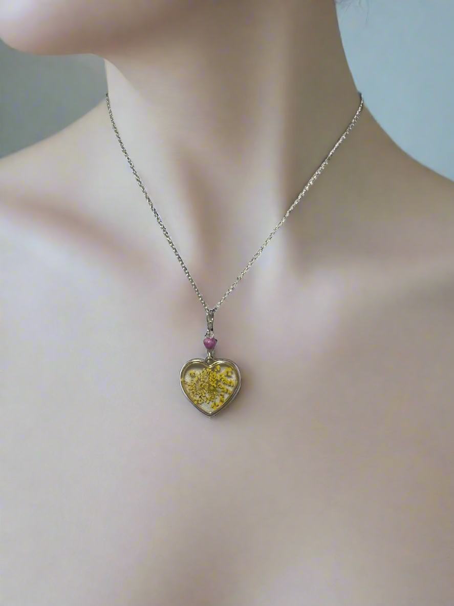 Resin Art Heart Shaped Necklace Made With Real Flowers