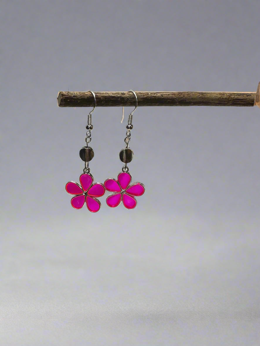 Resin Art Pink Flower Earrings. With 925 Sterling Silver Plated Hooks