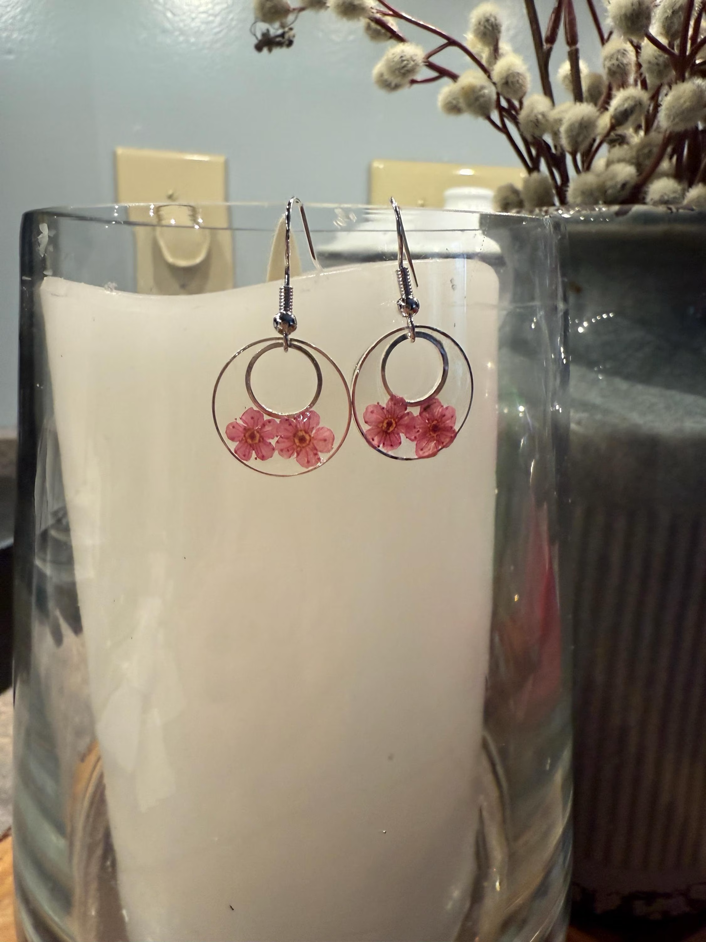 Resin Art Earrings with Real Pink Forget me Nots. With 925 Sterling Silver Plated Hooks