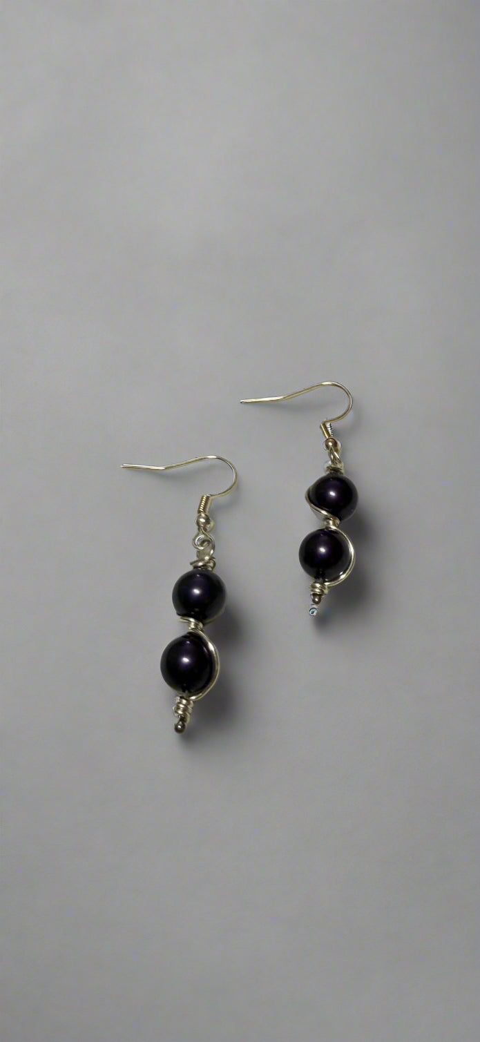 Dangle Purple Wire Wrapped Beaded earrings. With 925 Sterling Silver Plated Hooks