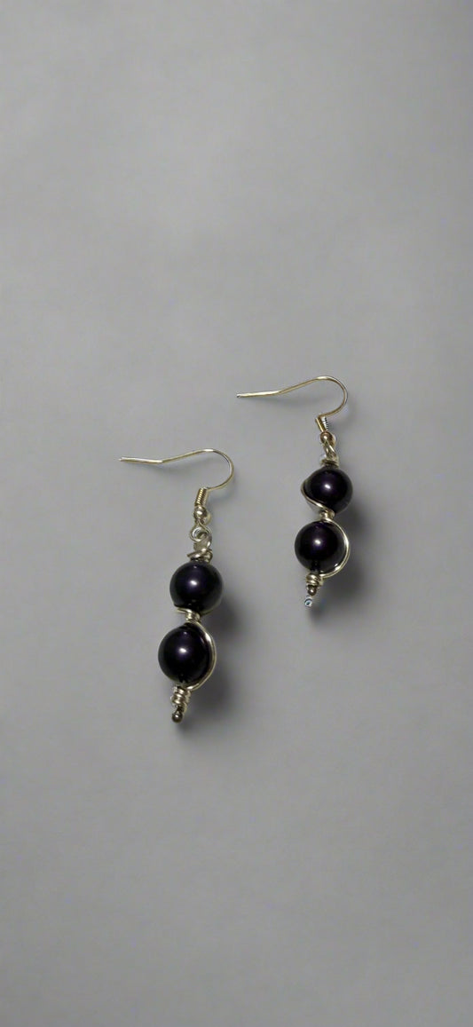 Dangle Purple Wire Wrapped Beaded earrings. With 925 Sterling Silver Plated Hooks