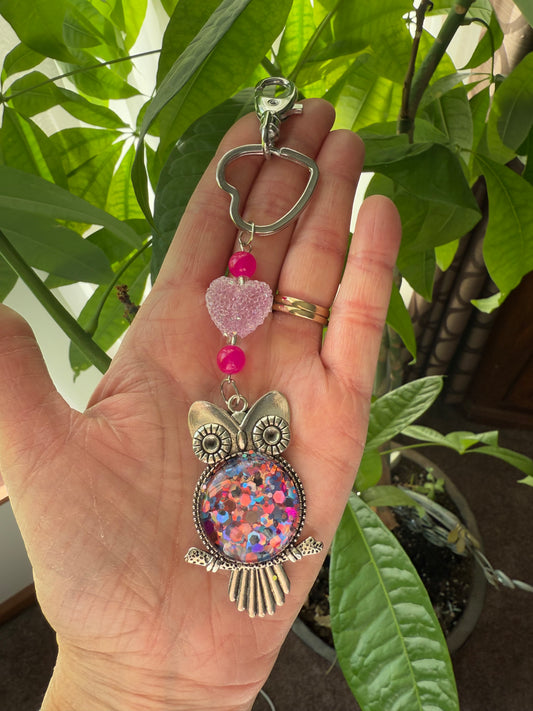 Resin Art Beaded Owl Keychain.