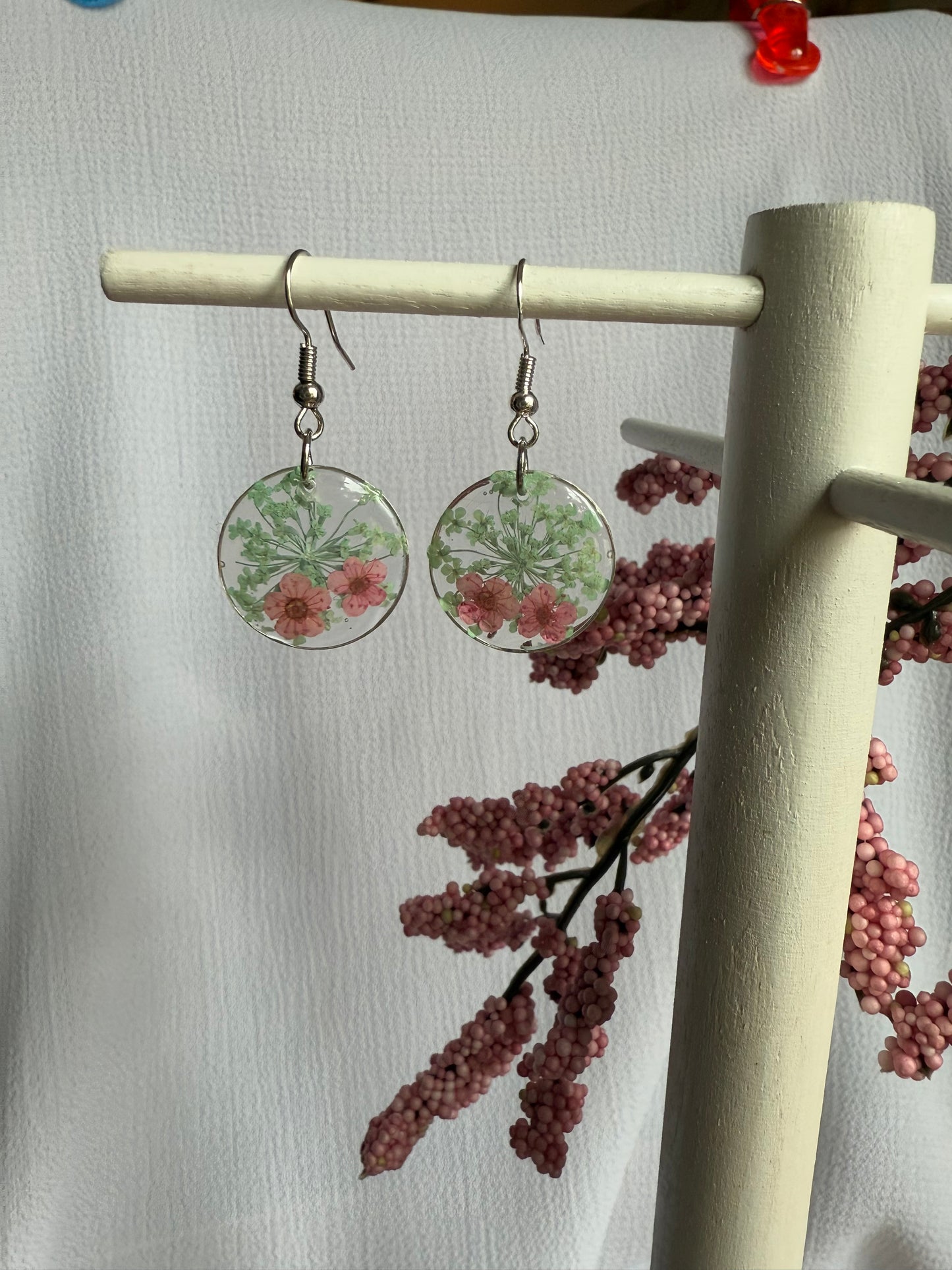 Resin Art Earrings Made With Real Pink Forget me Nots. With 925 Sterling Silver Plated Hooks