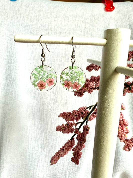 Resin Art Earrings Made With Real Pink Forget me Nots. With 925 Sterling Silver Plated Hooks