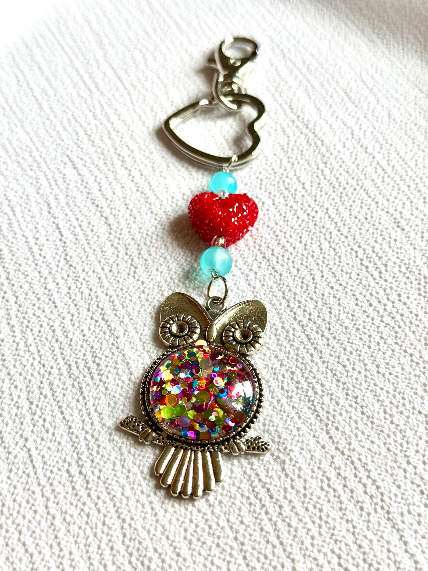 Resin Art Beaded Heart Owl Keychain