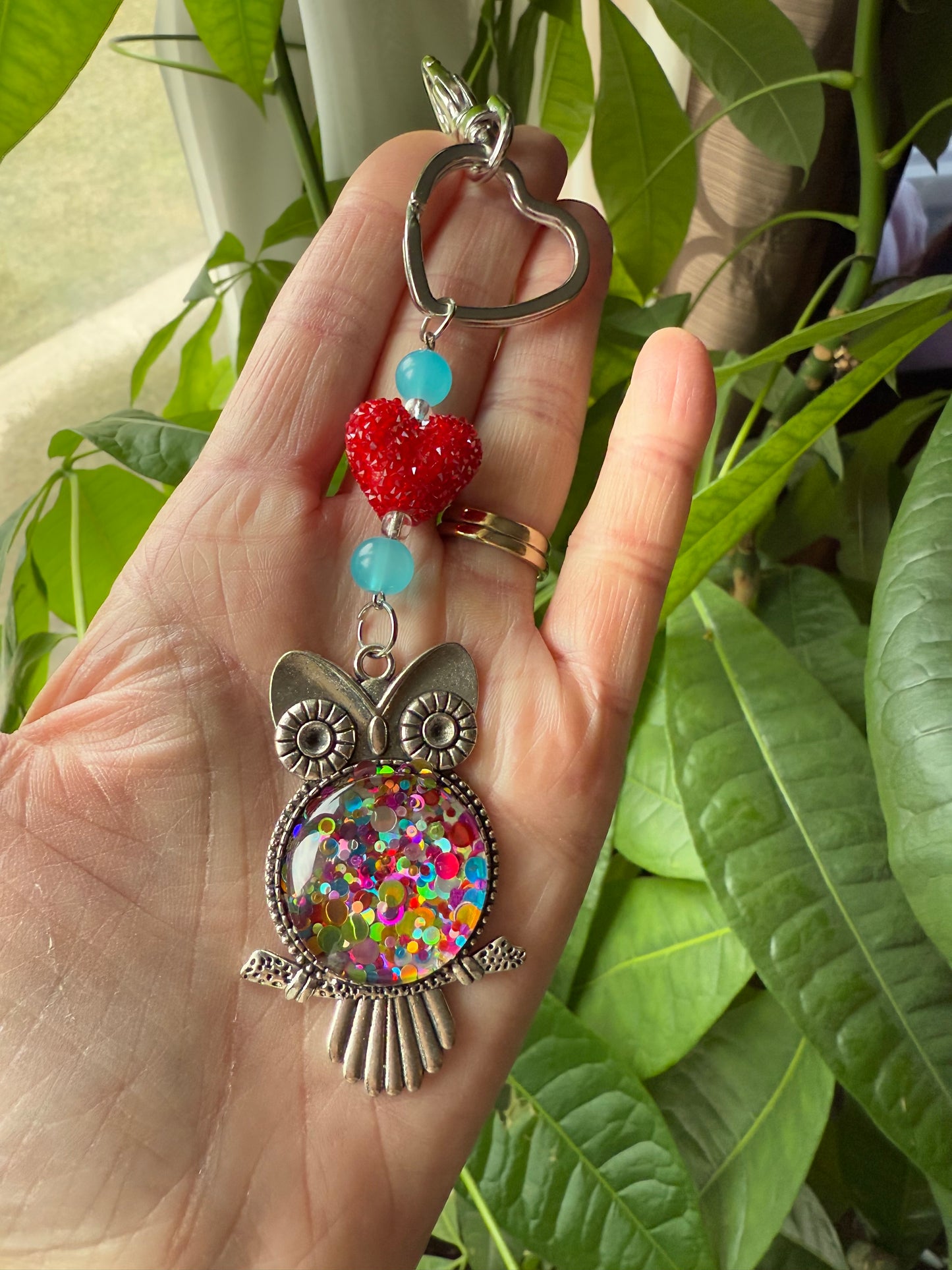 Resin Art Beaded Heart Owl Keychain