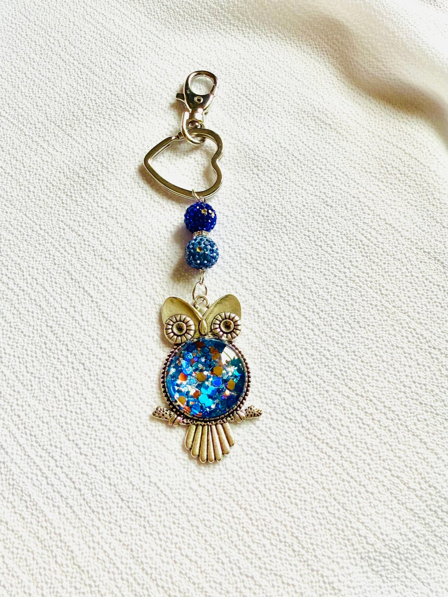 Beaded Heart Resin Art Owl Keychain