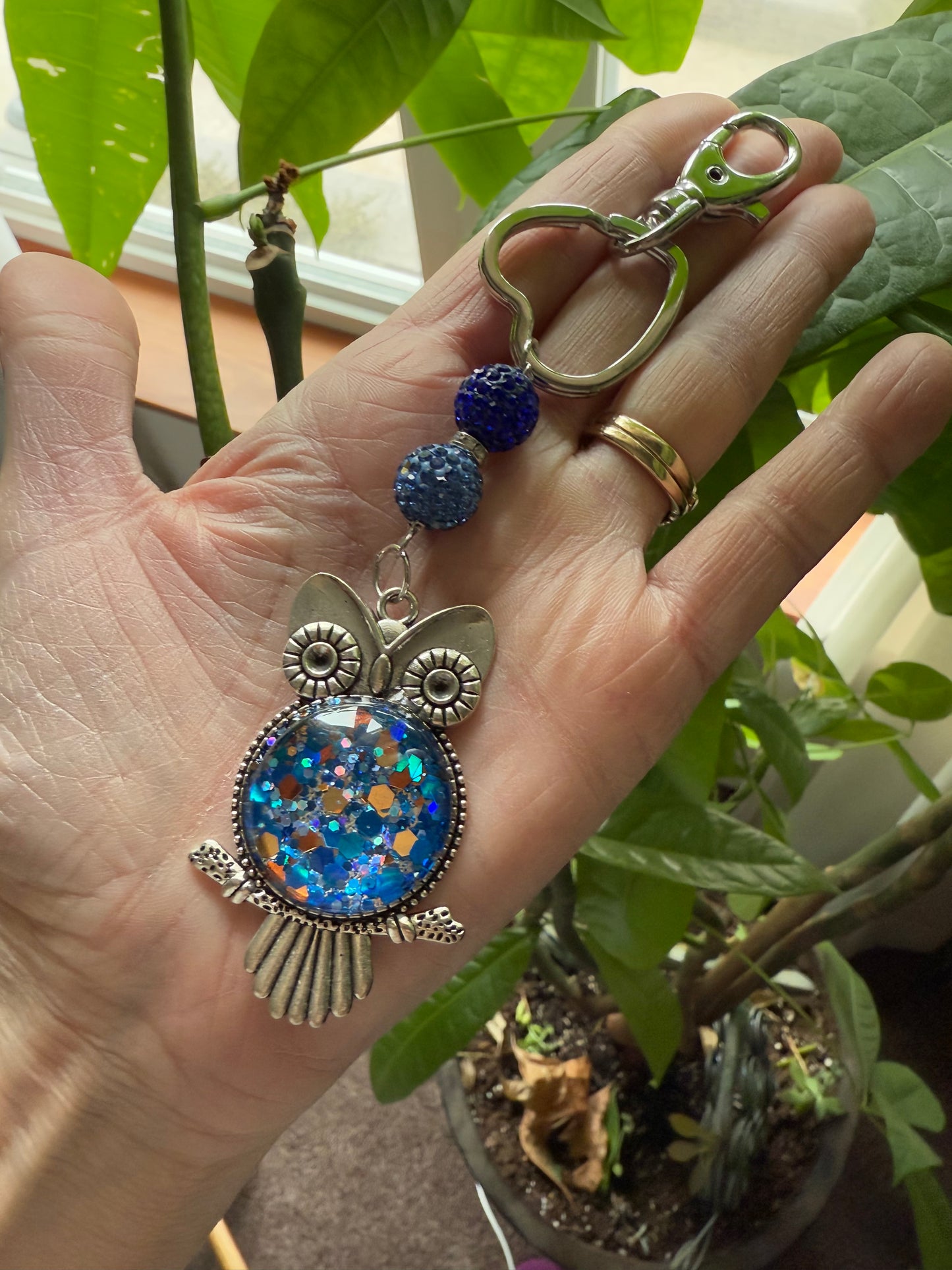 Beaded Heart Resin Art Owl Keychain