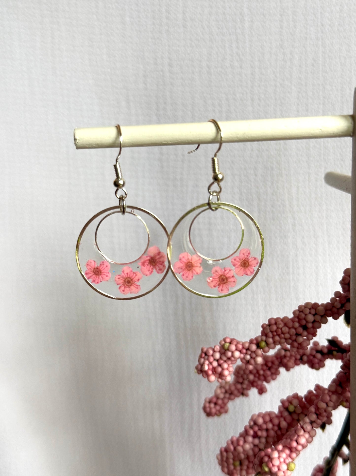 Resin Art  Earrings with Real Pink Forget me Nots. With 925 Sterling Silver Plated Hooks