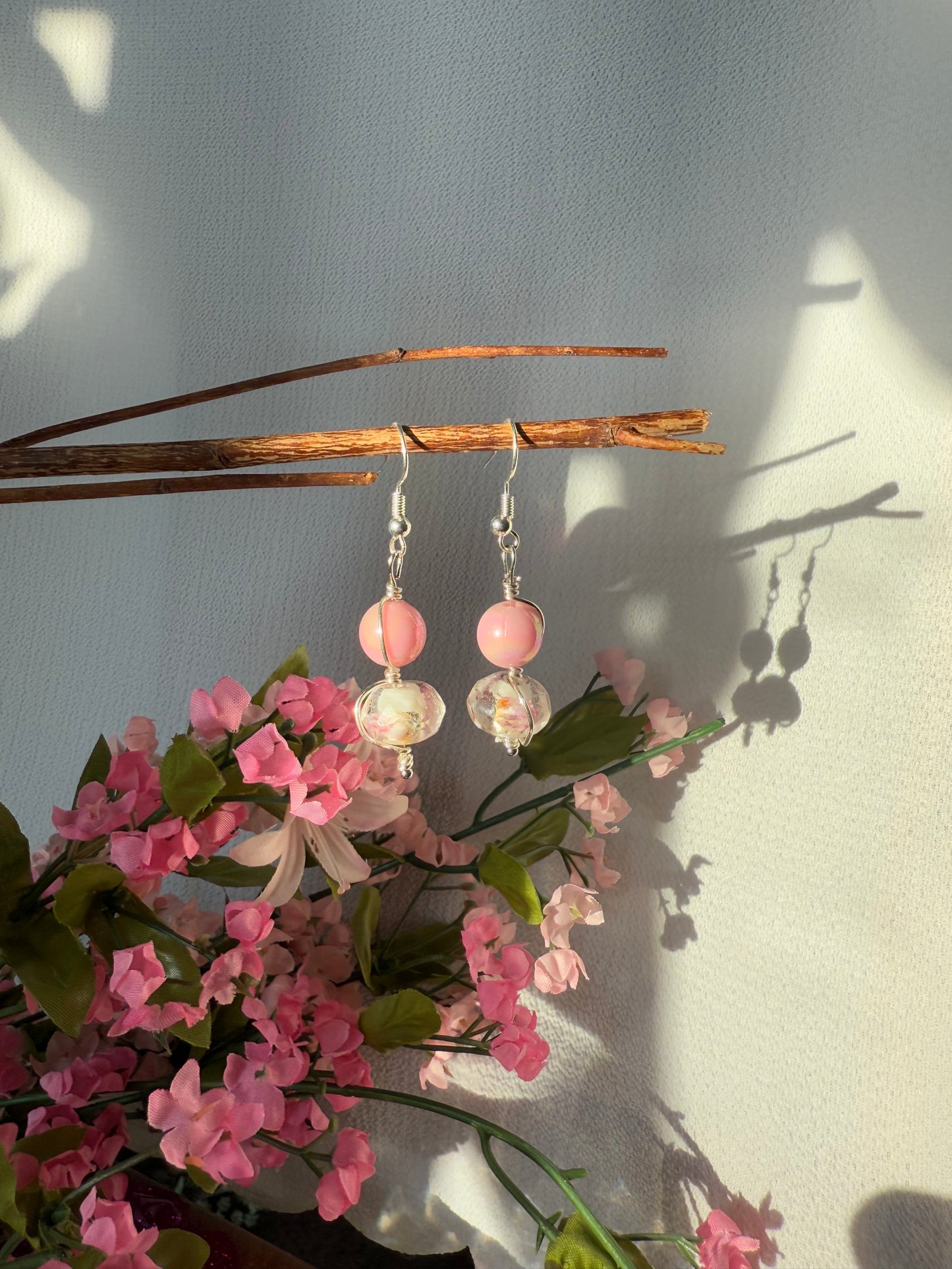 Wire Wrapped Beaded Silver Earrings. With 925 Sterling Silver Plated Hooks