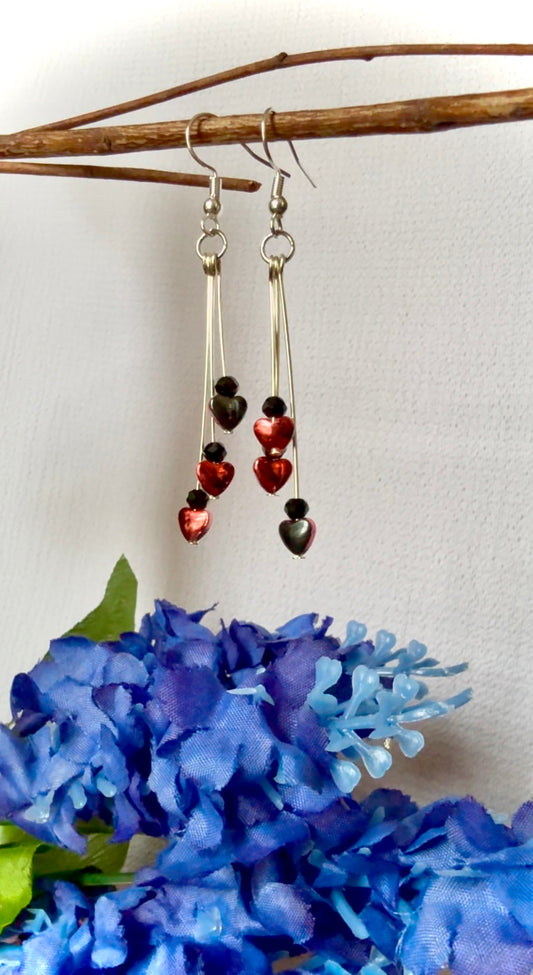 Dangle Earrings with Two Sided Color Heart Beads. With 925 Sterling Silver Plated Hooks