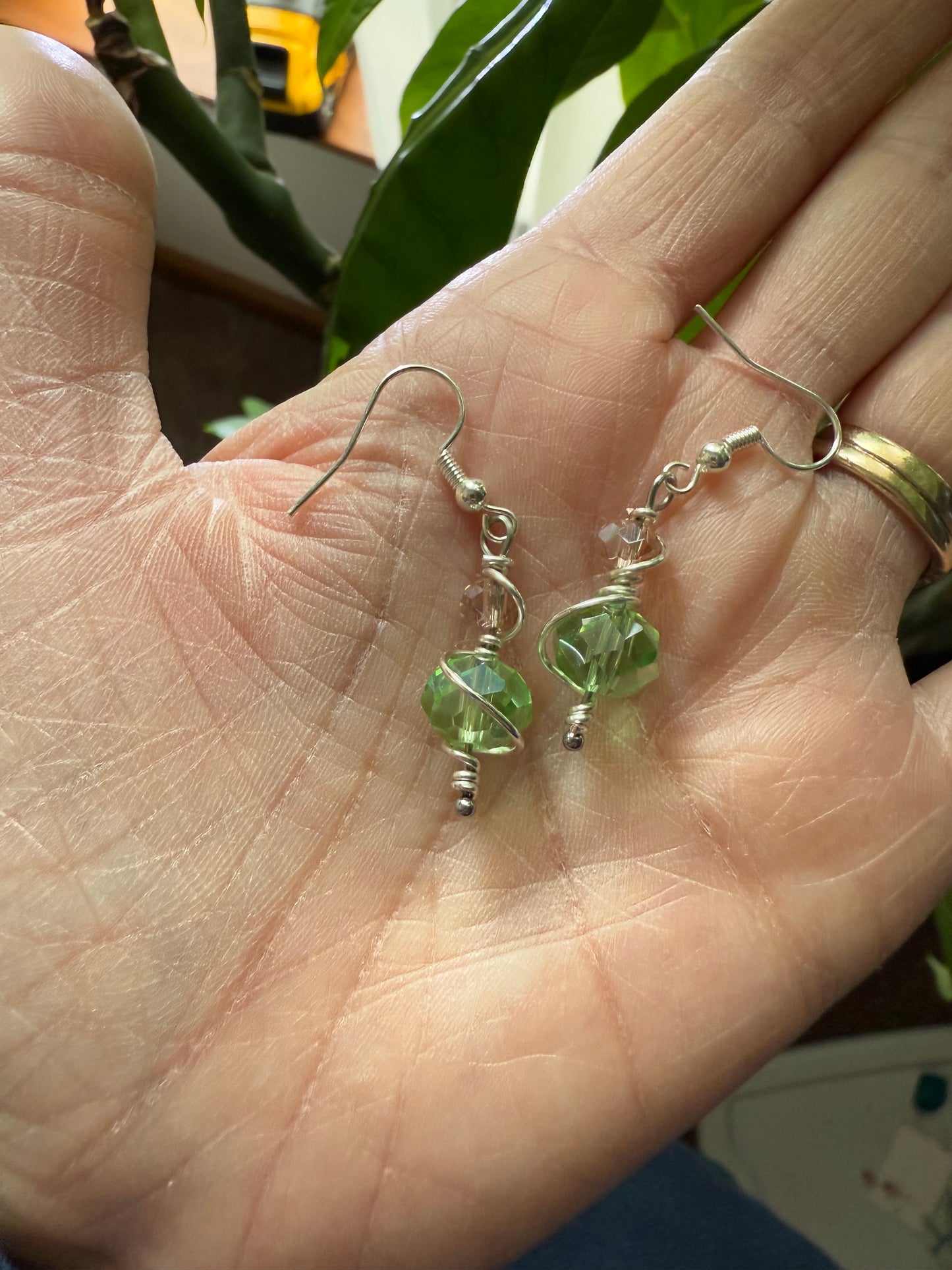 Wires Wrapped Green Beaded Earrings. With 925 Sterling Silver Plated Hooks