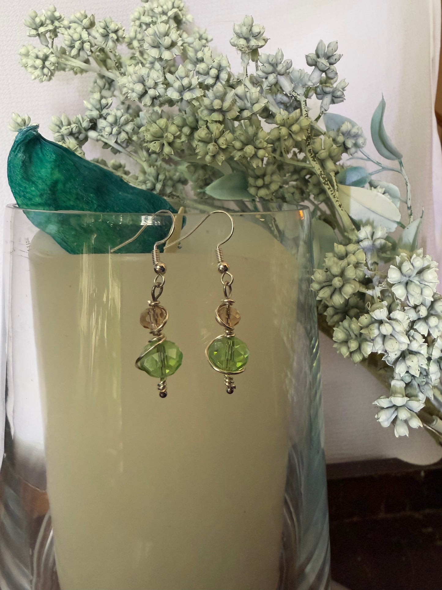 Wires Wrapped Green Beaded Earrings. With 925 Sterling Silver Plated Hooks