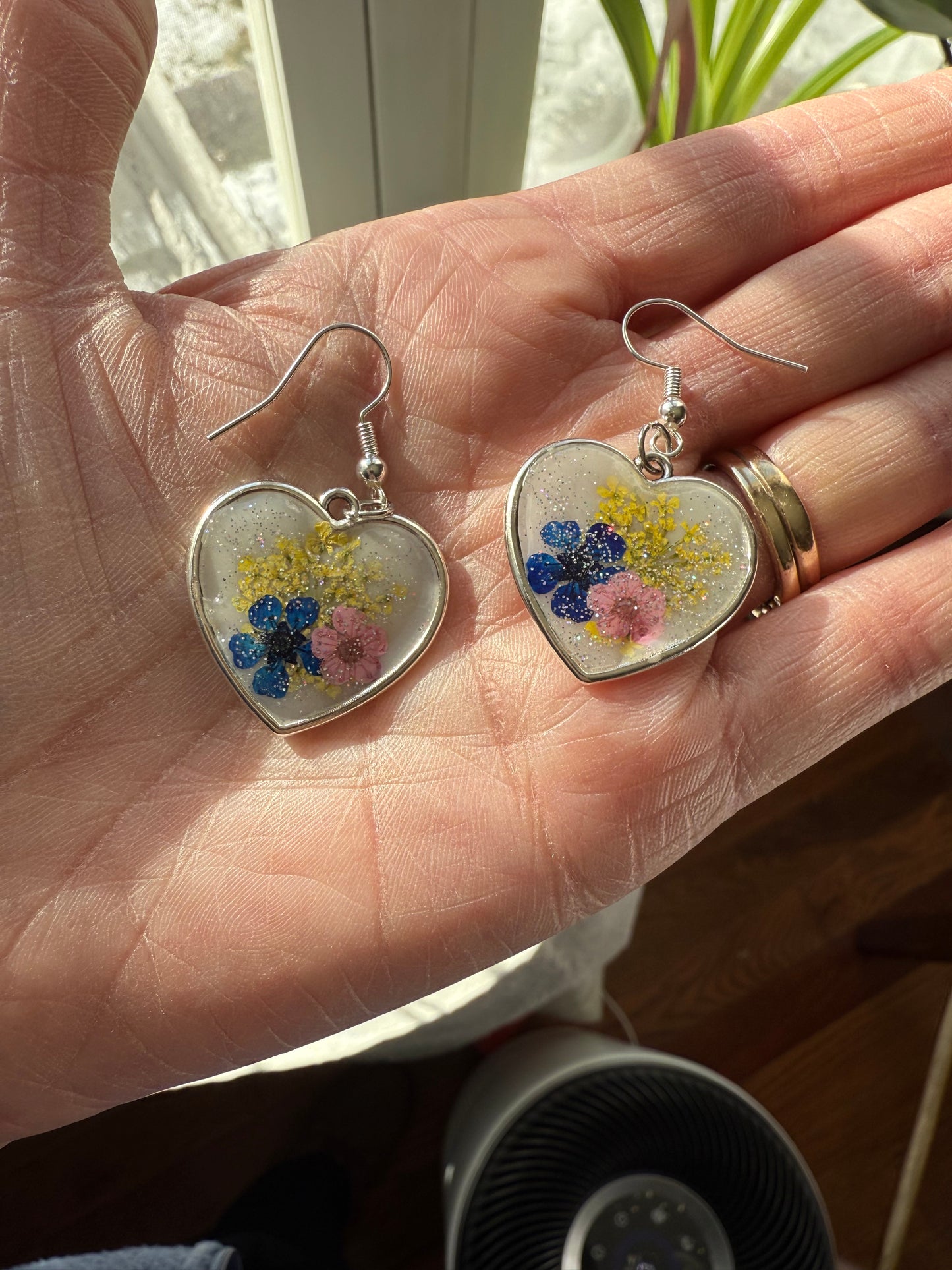 Resin Art Earrings With Real Flowers Including a Pink Forget Me Not. 925 Sterling Silver Plated Hooks