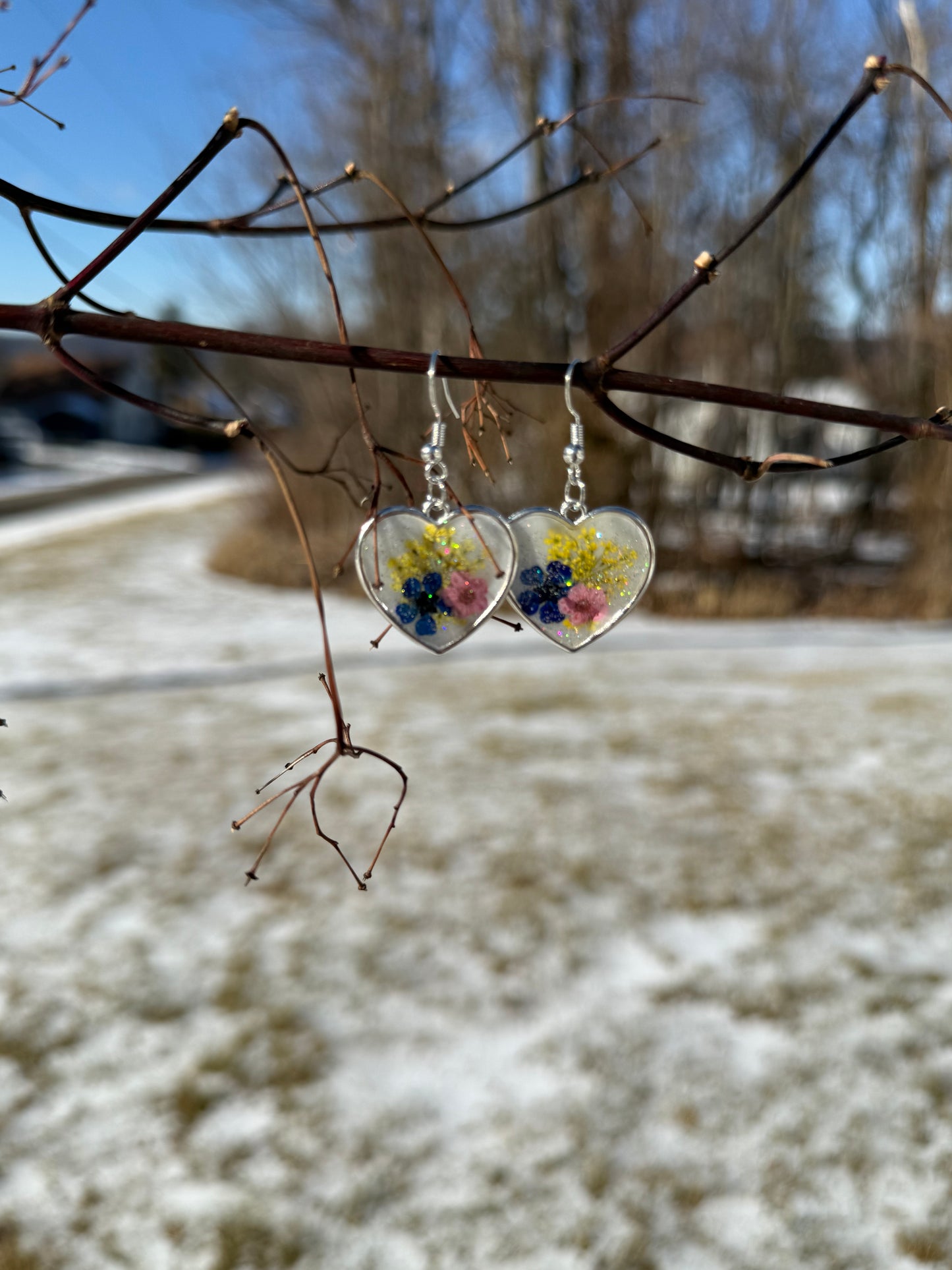 Resin Art Earrings With Real Flowers Including a Pink Forget Me Not. 925 Sterling Silver Plated Hooks