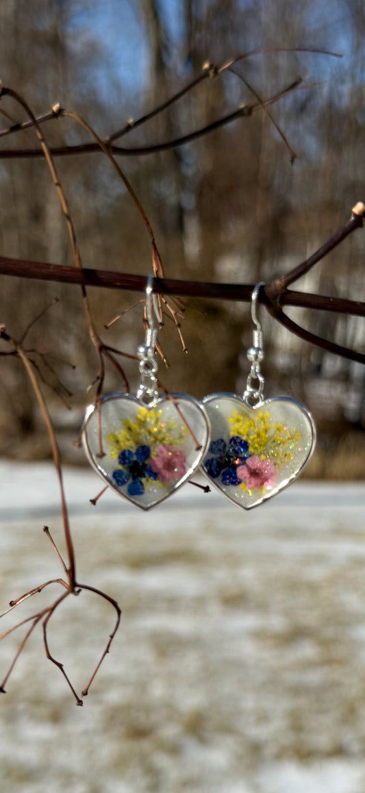 Resin Art Earrings With Real Flowers Including a Pink Forget Me Not. 925 Sterling Silver Plated Hooks