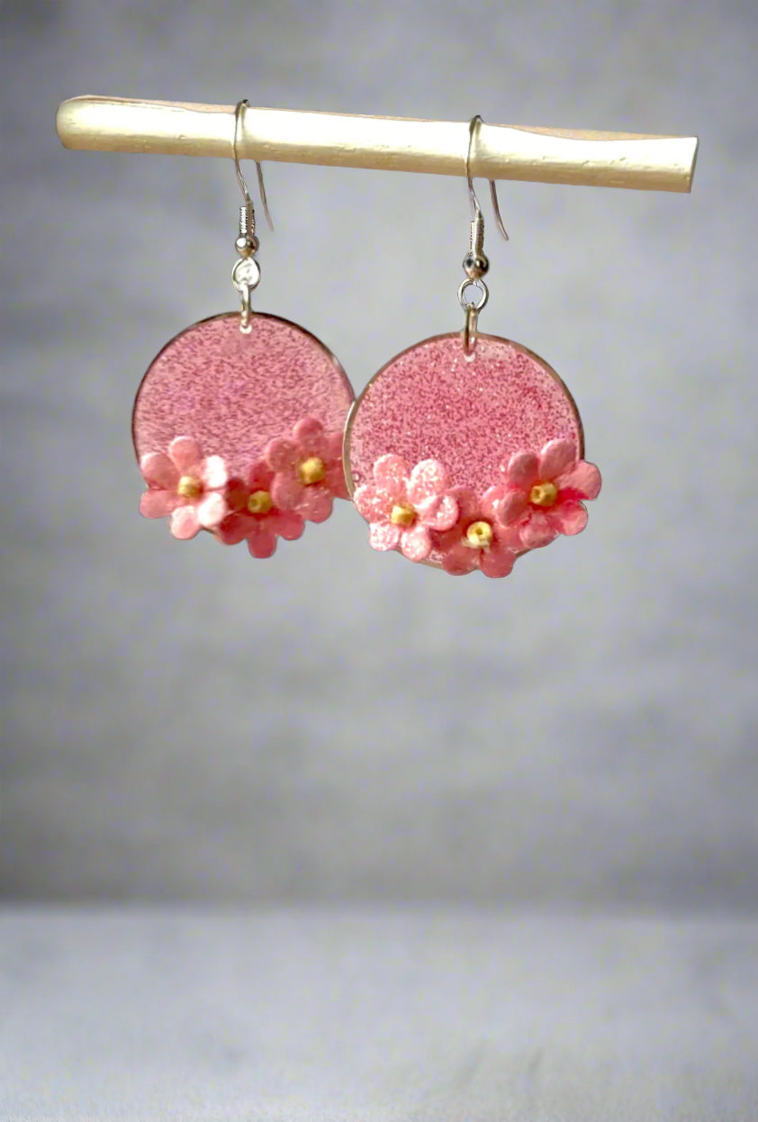 Resin Art Earrings with Cute Cute Little Flowers with 925 Sterling Silver Plated Hooks