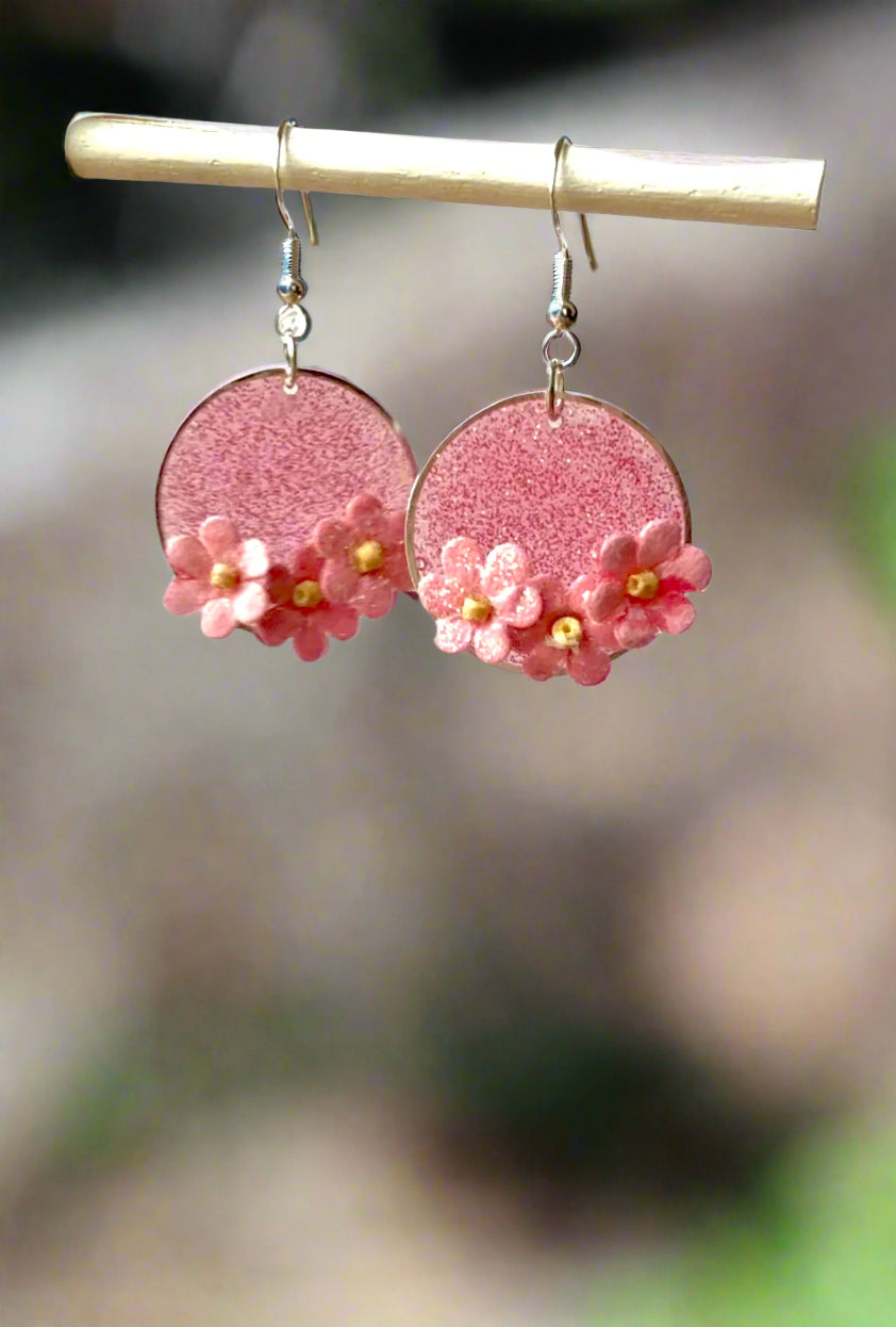 Resin Art Earrings with Cute Cute Little Flowers with 925 Sterling Silver Plated Hooks