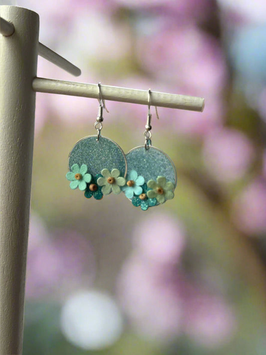 Resin Art Earrings with Cute Cute Little Flowers with 925 Sterling Silver Plated Hooks