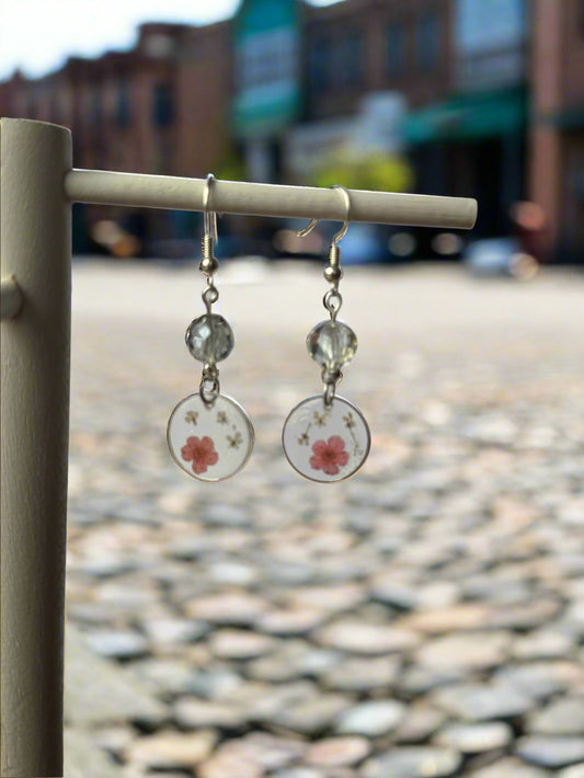 Resin Art Earrings Made With Real Pink Forget me Nots. With 925 Sterling Silver Plated Hooks