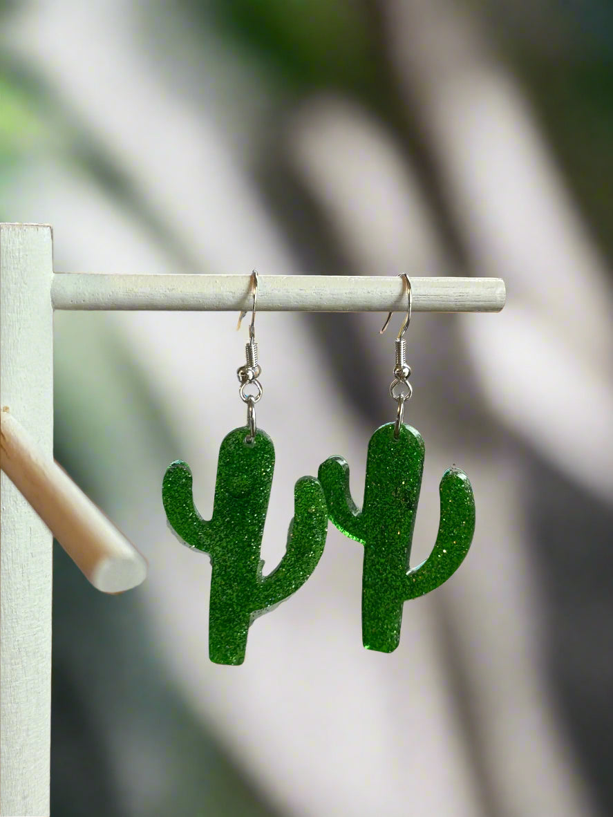 Resin Art Catus Earrings. 925 Sterling Silver Plated Hooks