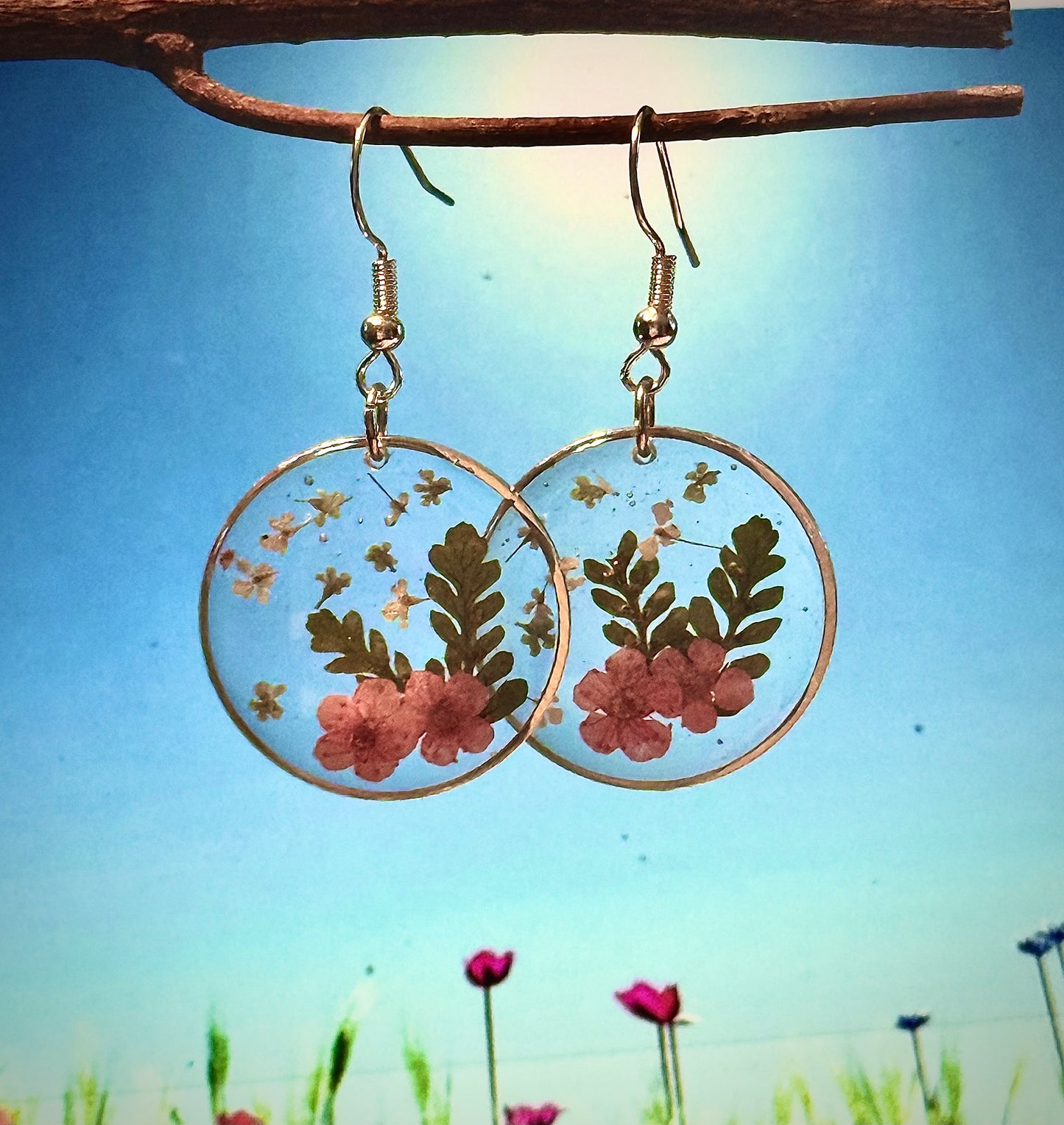 Resin Art Earrings Made With Real Pink Forget me Nots. With 925 Sterling Silver Plated Hooks