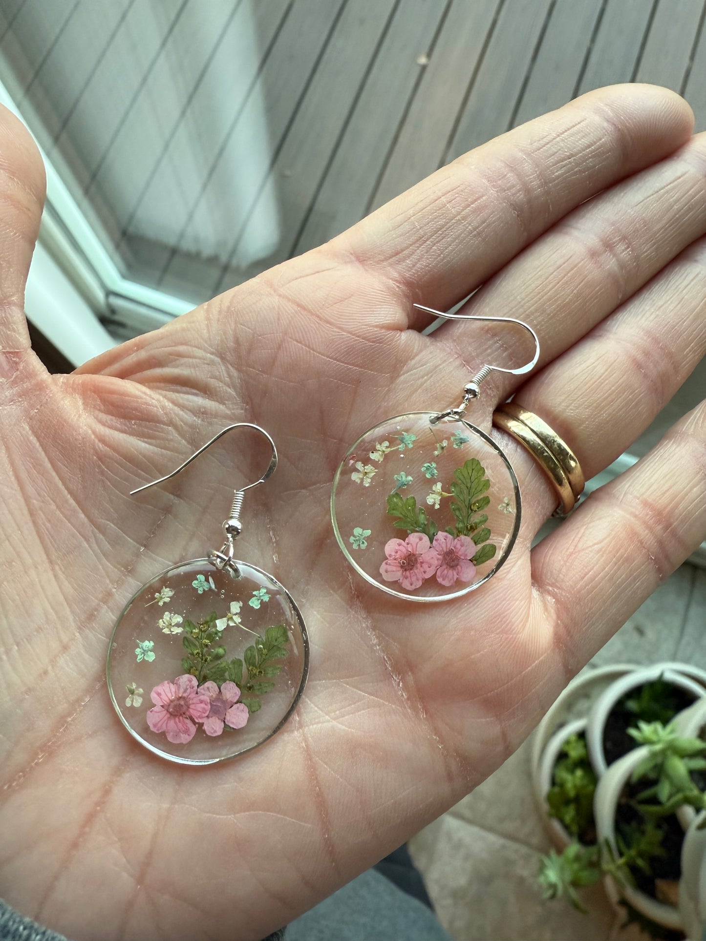 Resin Art Earrings Made With Real Pink Forget me Nots. With 925 Sterling Silver Plated Hooks