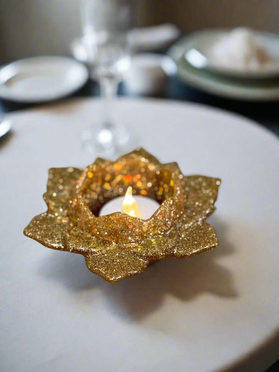 Resin Art Gold Sparkle Votive Candle Holder With A Votive LED Tea Light That Flickers Like A Flame.