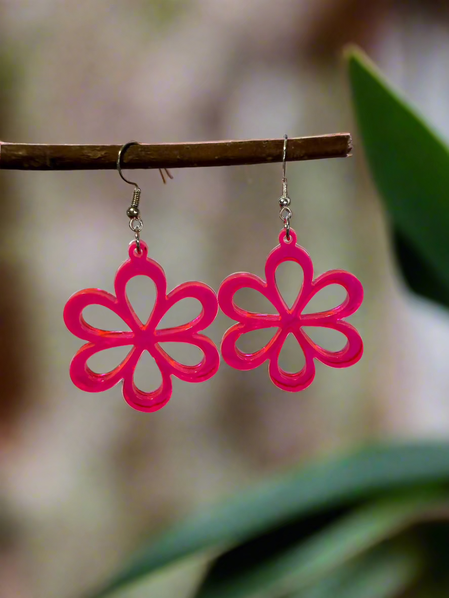 Pink Flower Resin Art  Dangle Earrings. With 925 Sterling Silver Plated Hooks