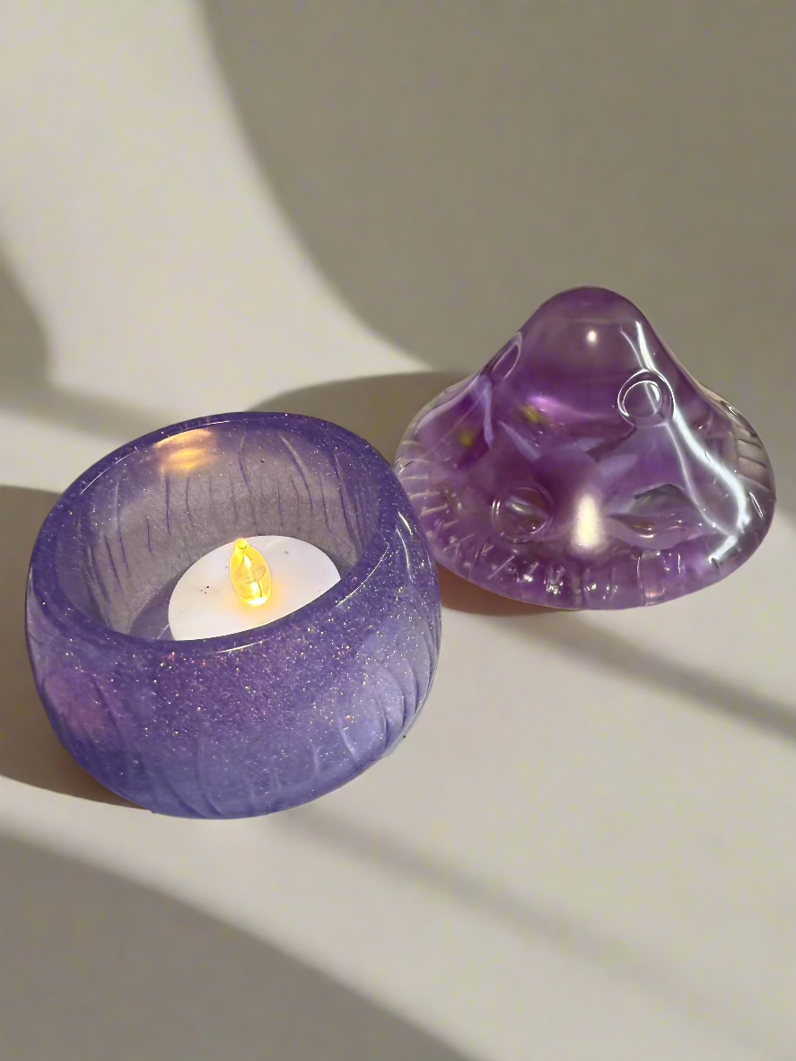 Purple Resin Art Mushroom LED Votive Candle Holder. LED Votive Included