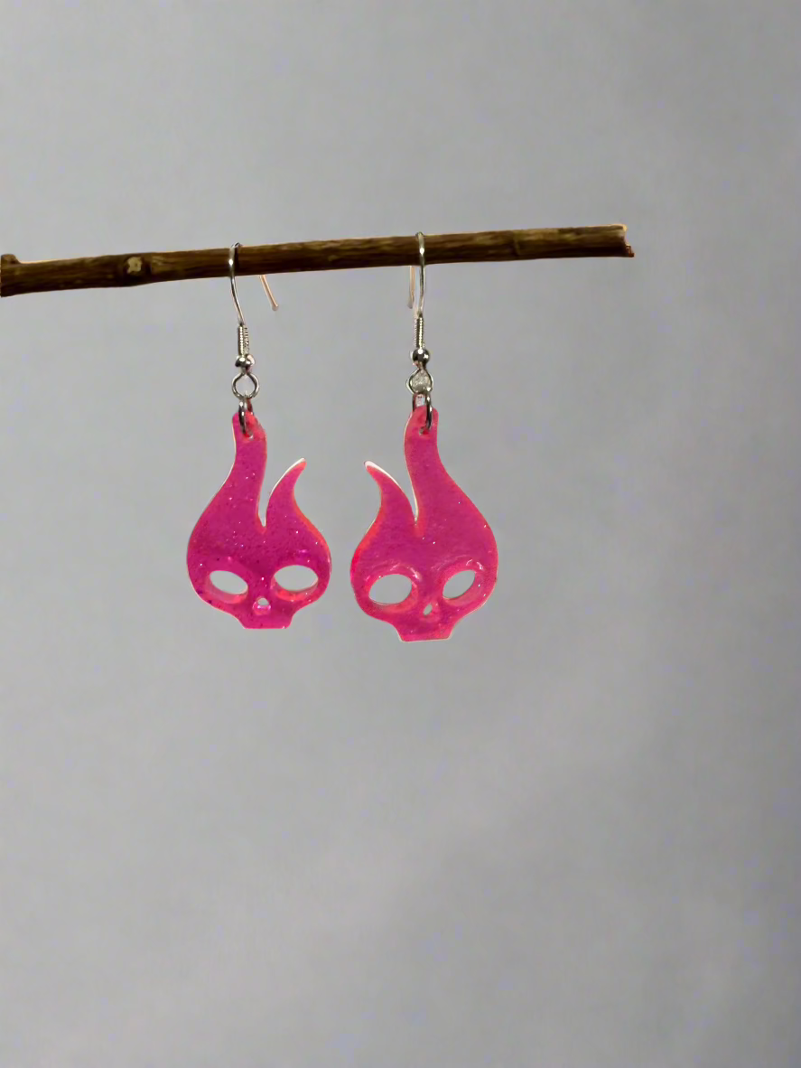 Pink Skull  Resin Art  Dangle Earrings. With 925 Sterling Silver Plated Hooks