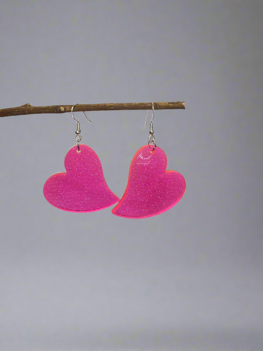 Pink Sparkle Heart Resin Art  Dangle Earrings. With 925 Sterling Silver Plated Hooks